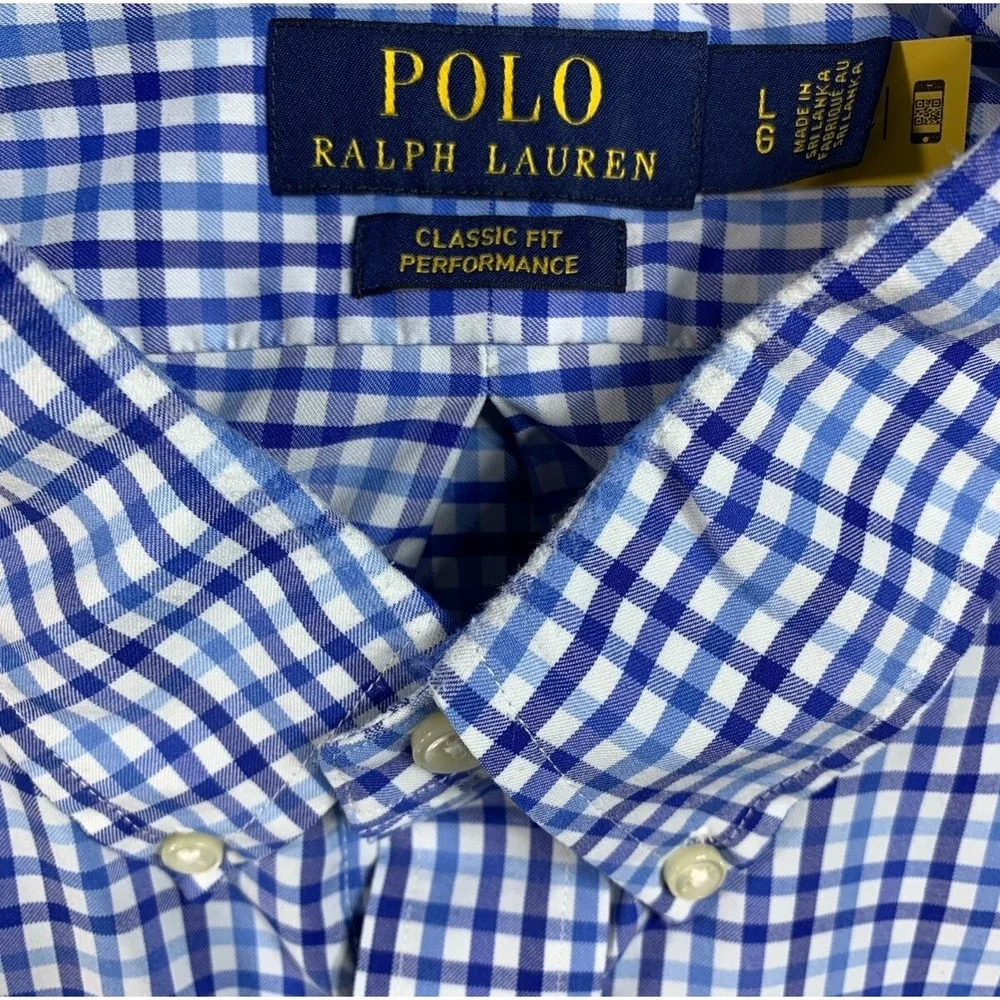 Polo Ralph Lauren Shirt Mens L Blue Gingham Classic Fit Performance Stretch